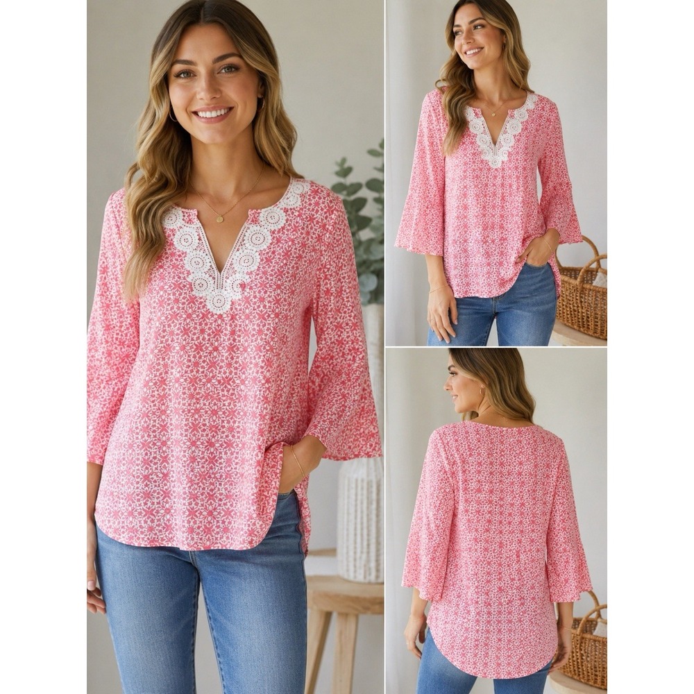 NWT Sabrina Lauren Women's XL Pink Floral Crochet Lace Boho Tunic Blouse